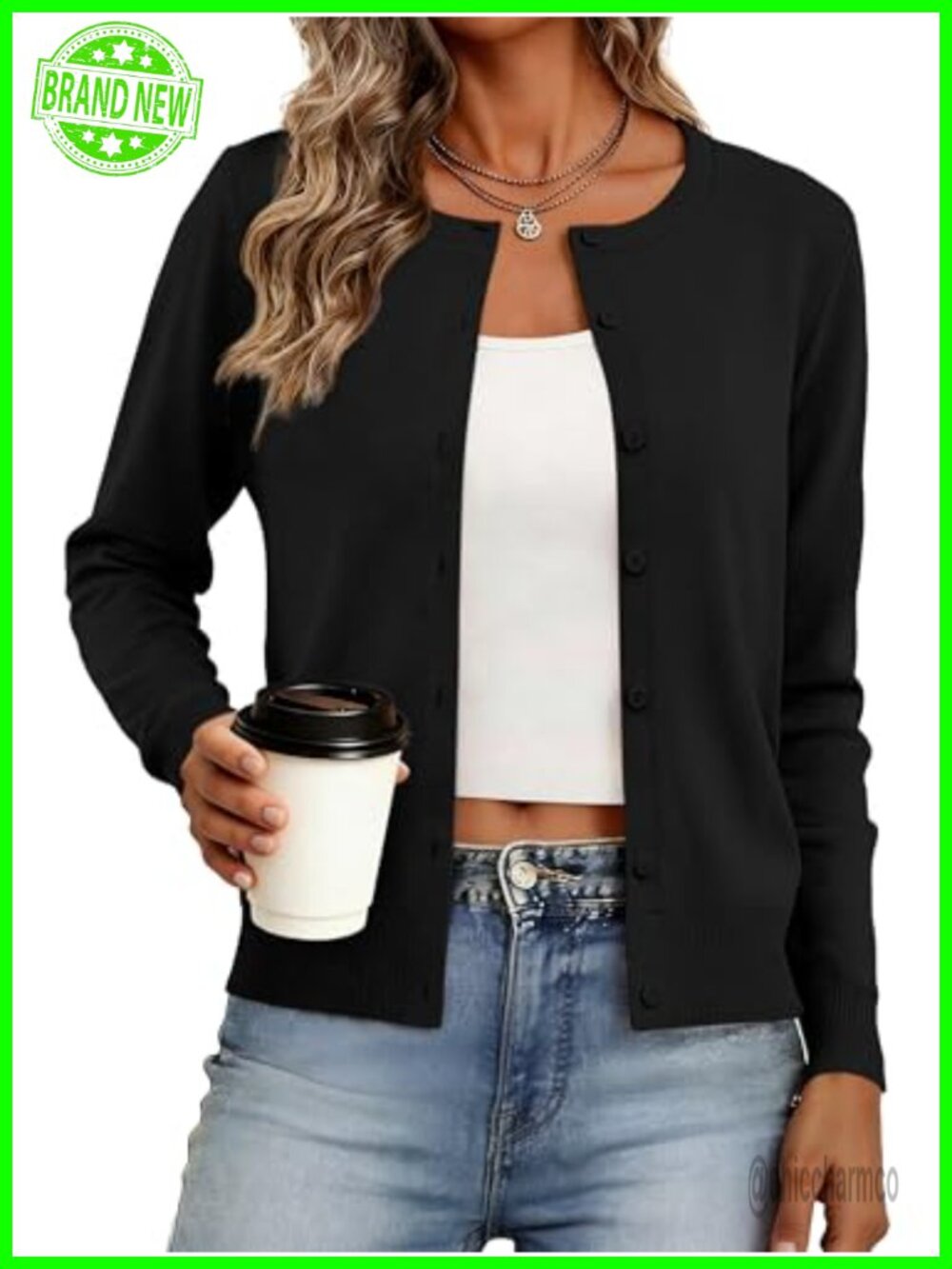 Womens Lightweight Button Down Knit Cardigan Long Sleeve Crewneck